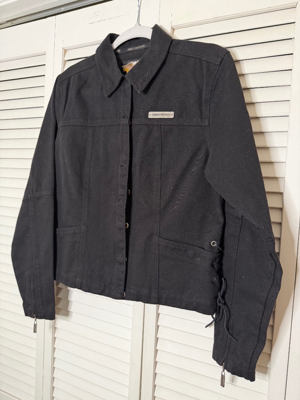 MOTO Vintage Harley Davidson Black Denim Jacket w/Side Leather Laces Sz M Womens